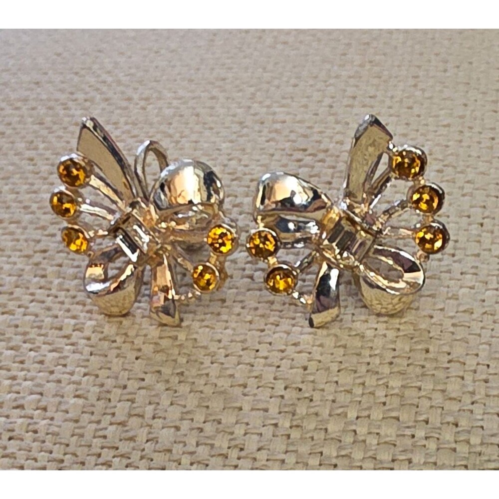 Butterfly Stud Earrings Silver Tone Yellow Crystal Rhinestone Butterfly Closure
